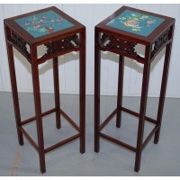 PAIR OF ROSEWOOD CHINESE CHEN LEUNG PLANT POT JARDINIERE STAND SIGNED FRET TILES   202395355623